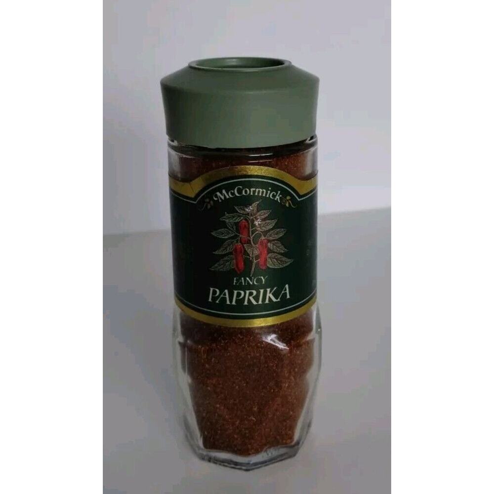 Vintage McCormick Spice Fancy Paprika Glass Jar Green Lid 1.62 oz - Expired